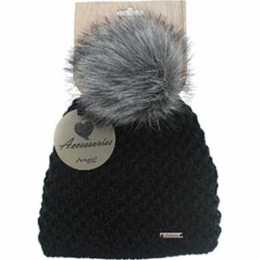 Russische gebreide beanie muts zwart nep bont pompon dames