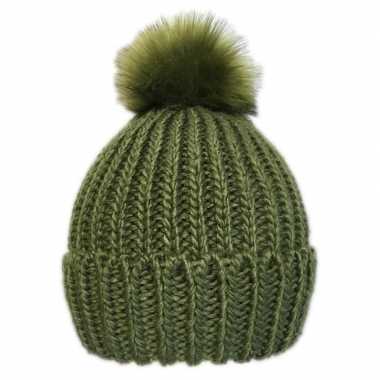 Russische gebreide winter muts groen pompon dames