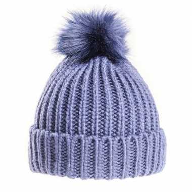 Russische gebreide winter muts navy blauw pompon dames