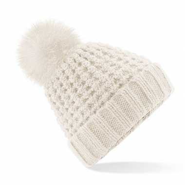 Russische gebreide wintermuts beige grof/popcorn pompon dames