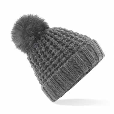 Russische gebreide wintermuts grijs grof/popcorn pompon dames