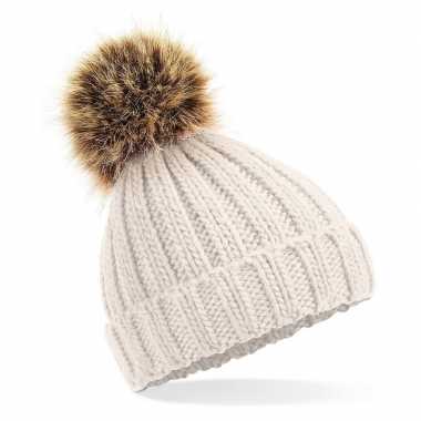 Russische grof gebreide wintermuts beige bruine pompon dames