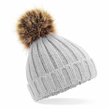 Russische grof gebreide wintermuts grijs bruine pompon dames