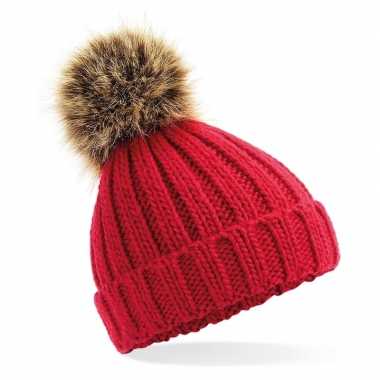 Russische grof gebreide wintermuts rood bruine pompon dames