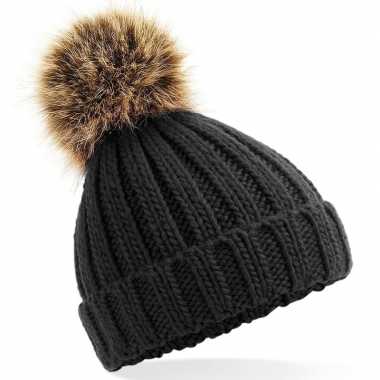 Russische grof gebreide wintermuts zwart bruine pompon dames