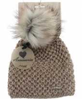 Russische gebreide beanie muts taupe nep bont pompon dames