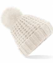 Russische gebreide wintermuts beige grof popcorn pompon dames