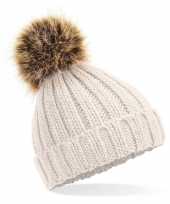 Russische grof gebreide wintermuts beige bruine pompon dames